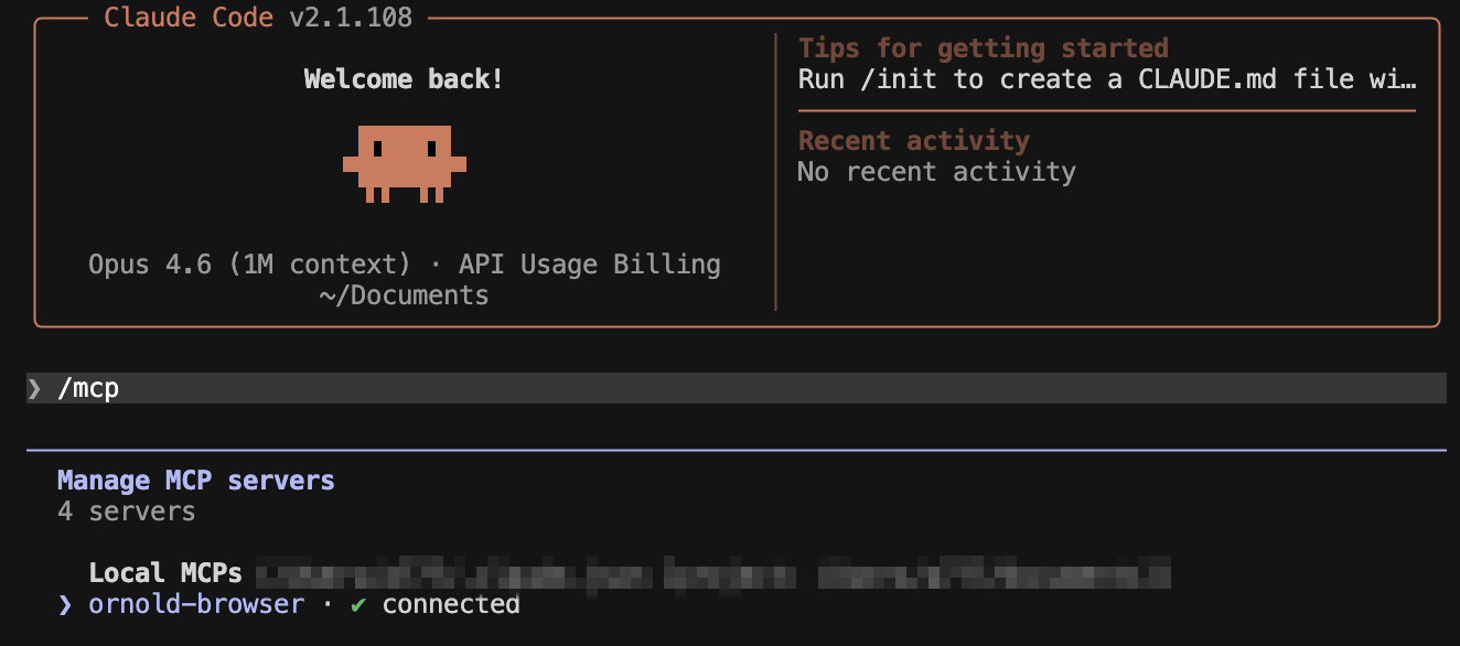 Terminal showing claude mcp list output with ornold-browser server listed