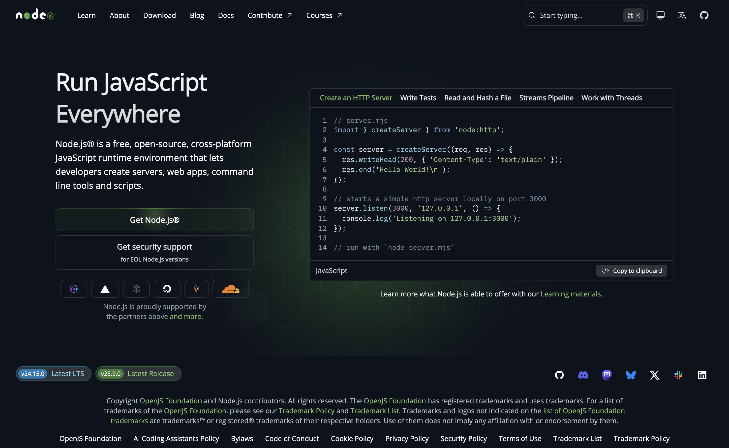 Página de download do Node.js mostrando o seletor de versão LTS