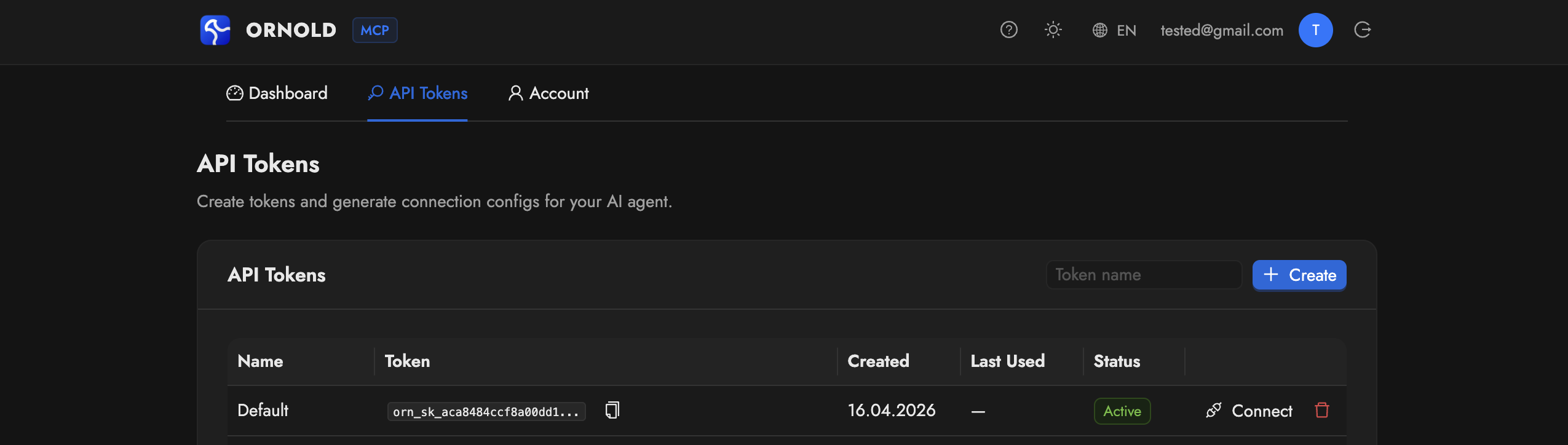 Painel Ornold mostrando modal de criação de token com botão de cópia