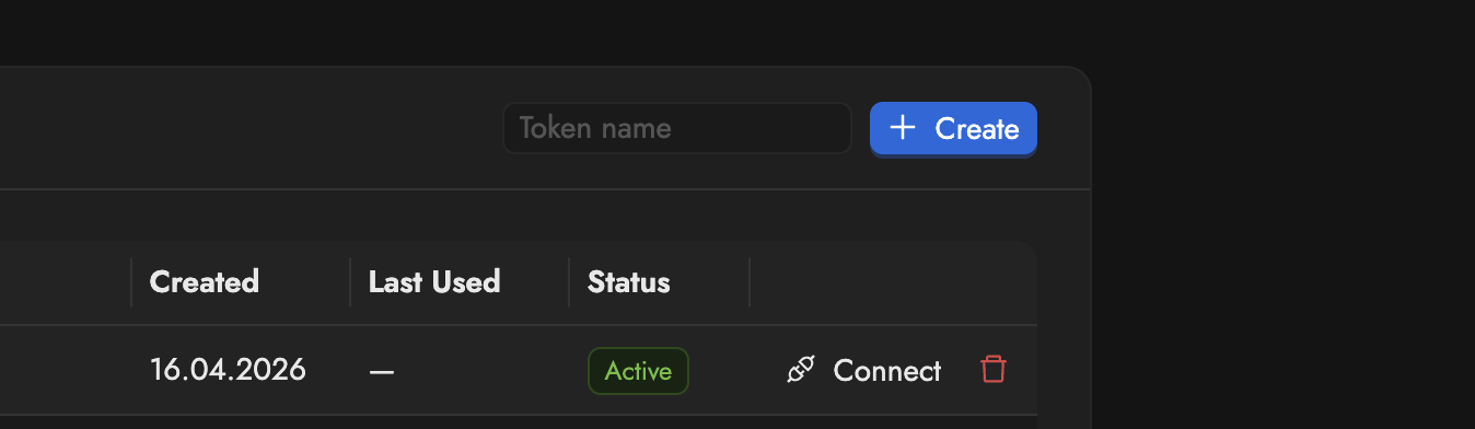 Página API Tokens do painel Ornold com botão Connect destacado ao lado de um token