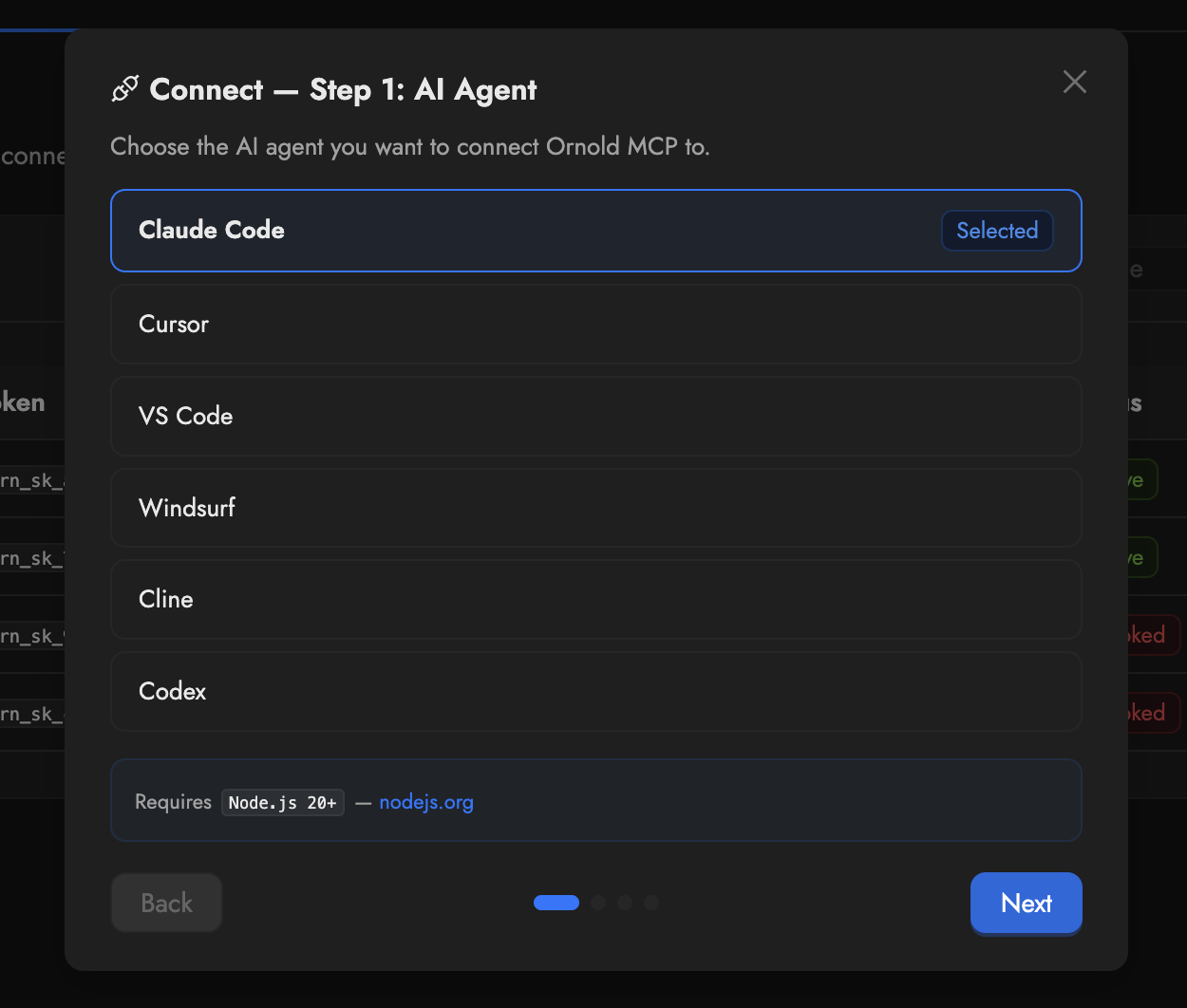 Connect wizard step 1 showing list of AI agents with Claude Code selected