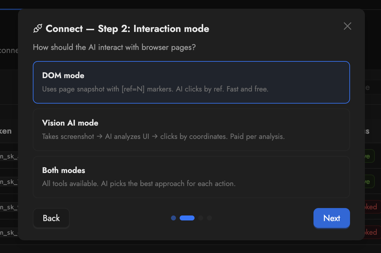 Etapa 2 do assistente Connect mostrando três opções de modo de interação: DOM, Vision AI, Both